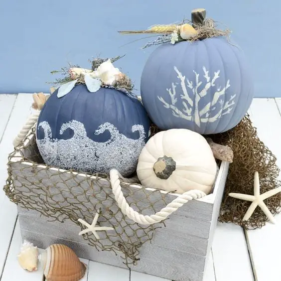 coastal pumpkin, calabaza decorada al estilo coastal